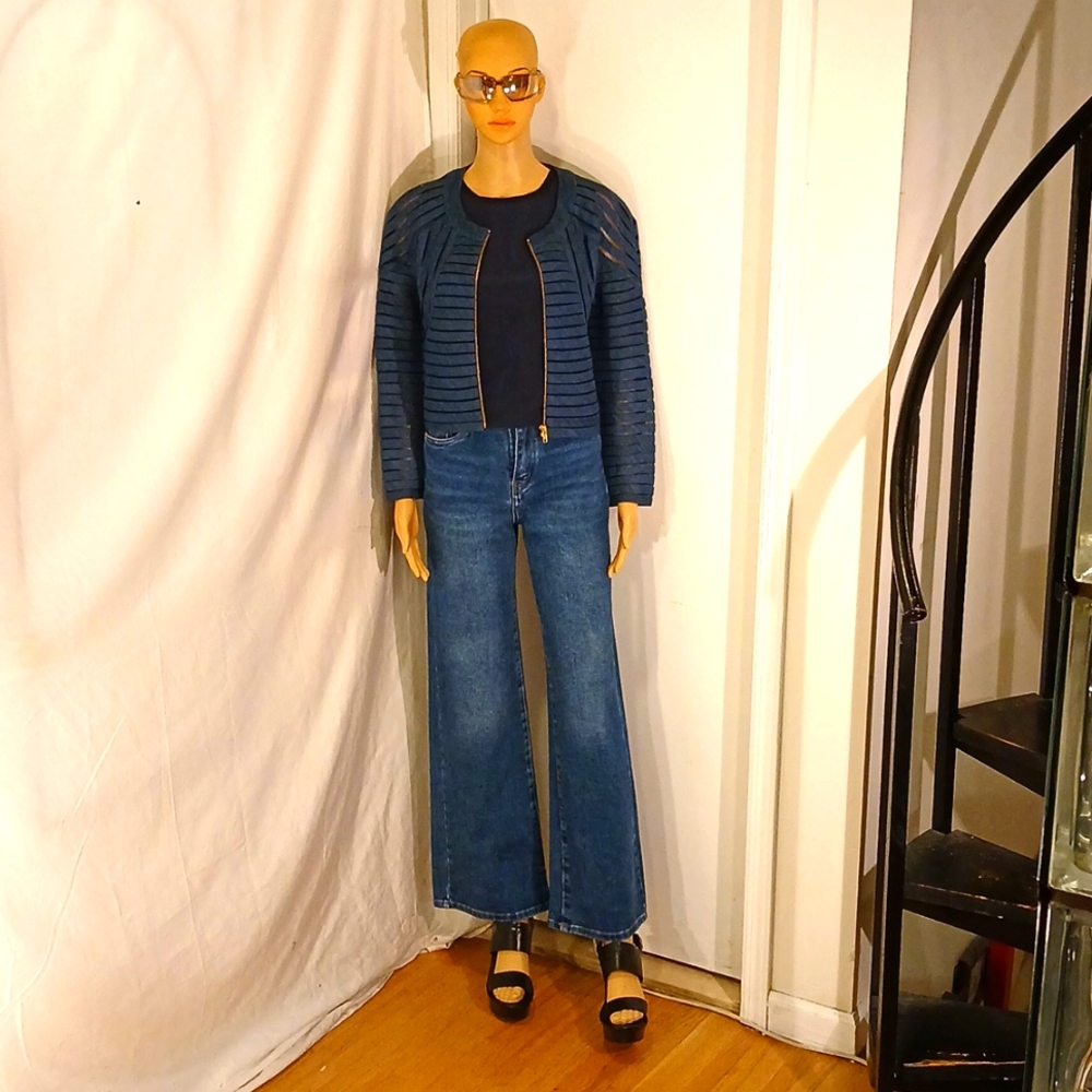 Cynthia Rowley Navy Ribbed Zip-Front Jacket
